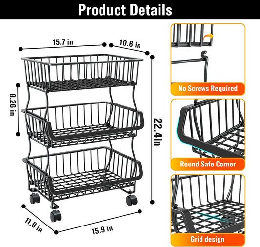 5 Tier Fruit and Vegetable Basket for Kitchen with Wheels | Stackable Fruit Vegetable Storage Baskets with Wood Top, Metal Wire Storage Cart for Kitchen, Pantry