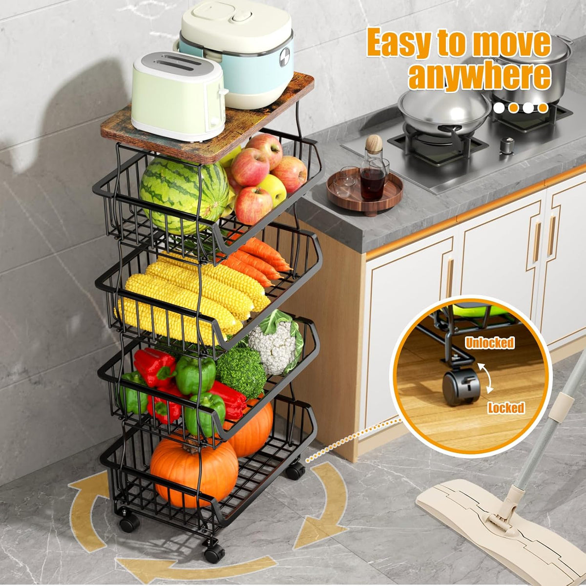 5 Tier Fruit and Vegetable Basket for Kitchen with Wheels | Stackable Fruit Vegetable Storage Baskets with Wood Top, Metal Wire Storage Cart for Kitchen, Pantry