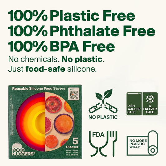 5pc Reusable Silicone Food Savers | BPA Free | Plastic Free Food Storage | Dishwasher Safe | Fruit & Vegetable Storage for Onion, Tomato, Lemon, Banana & Cans | Round, Autumn Harvest
