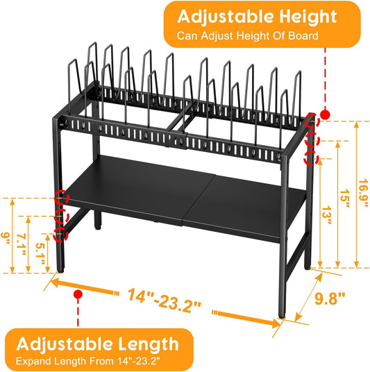 2-Tier Pots and Pans Organizer Under Cabinet,Expandable Pots Lid Organizers Inside Cabinet,Adjustable Metal Storage Shelves Organizer Rack with 10 Dividers For Kitchen Pantry Organization and Storage