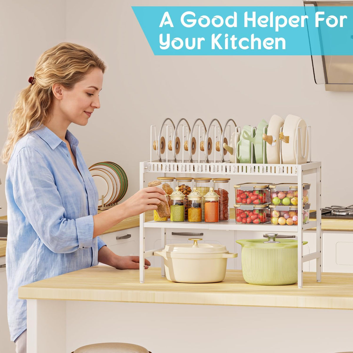 2-Tier Pots and Pans Organizer Under Cabinet,Expandable Pots Lid Organizers Inside Cabinet,Adjustable Metal Storage Shelves Organizer Rack with 10 Dividers For Kitchen Pantry Organization and Storage