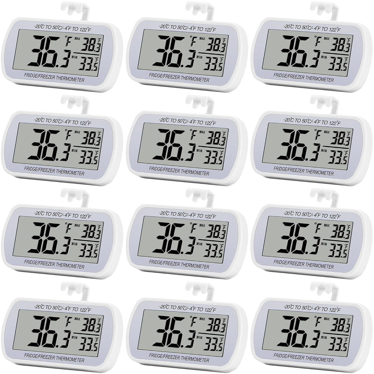 Digital Refrigerator Thermometer 2 Pack Fridge Freezer Room Thermometer Waterproof Large LCD Display Max/Min Record Function, White