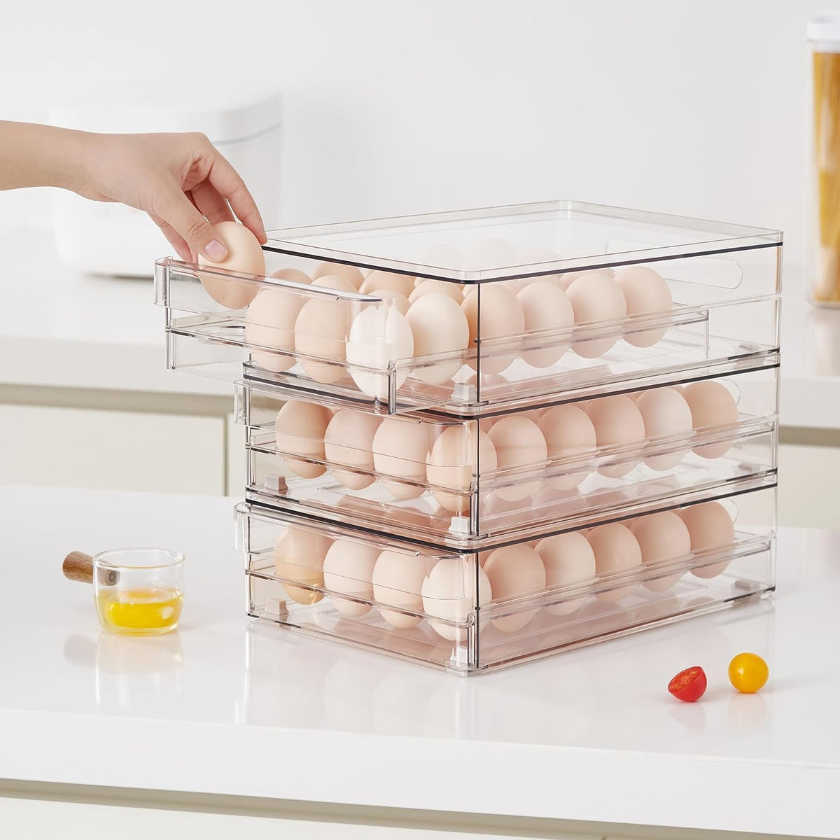 24 Capacity Egg Holder for Refrigerator Organizer Bins, BPA Free Egg Storage Container with Non-Slip Pads, Space-Saving Egg Tray for Fridge Drawer