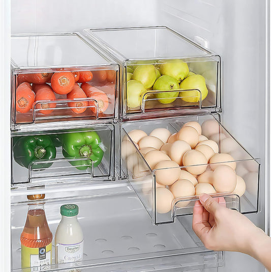 2Pack Clear Fridge Drawers Pull Out Stackable Refrigerator Drawer Organizer Bins Pantry Storage Box Plastic Food Containers for Kitchen Bathroom Office Closet (2pack-Large)