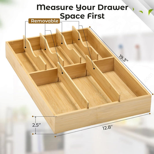Silverware Organizer for Cabinet Drawer, Expandable from 16.7'' to 30'' Wide Bamboo Wood Flatware Tray for Large Kitchen Drawers, Cutlery Utensil Holder