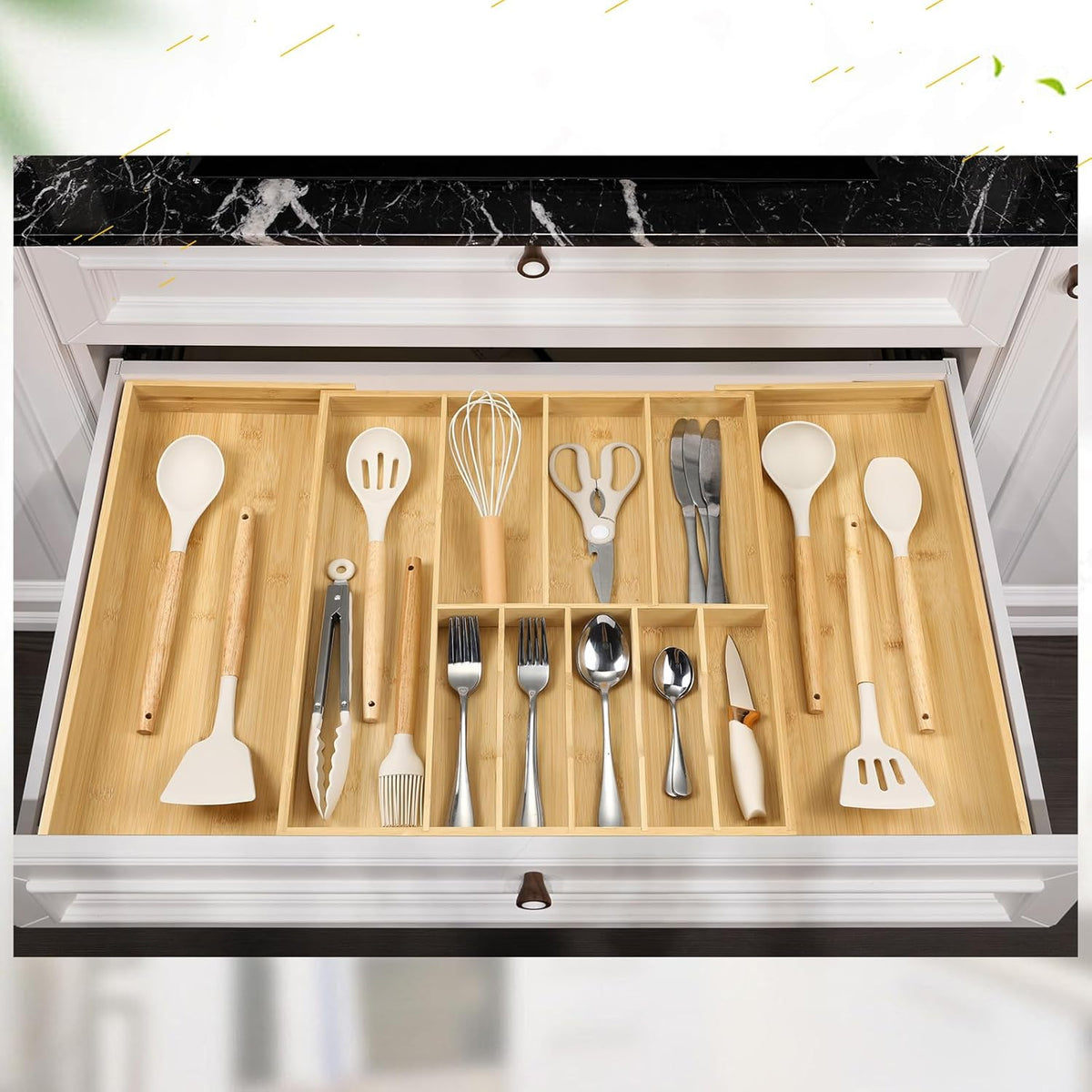 Silverware Organizer for Cabinet Drawer, Expandable from 16.7'' to 30'' Wide Bamboo Wood Flatware Tray for Large Kitchen Drawers, Cutlery Utensil Holder