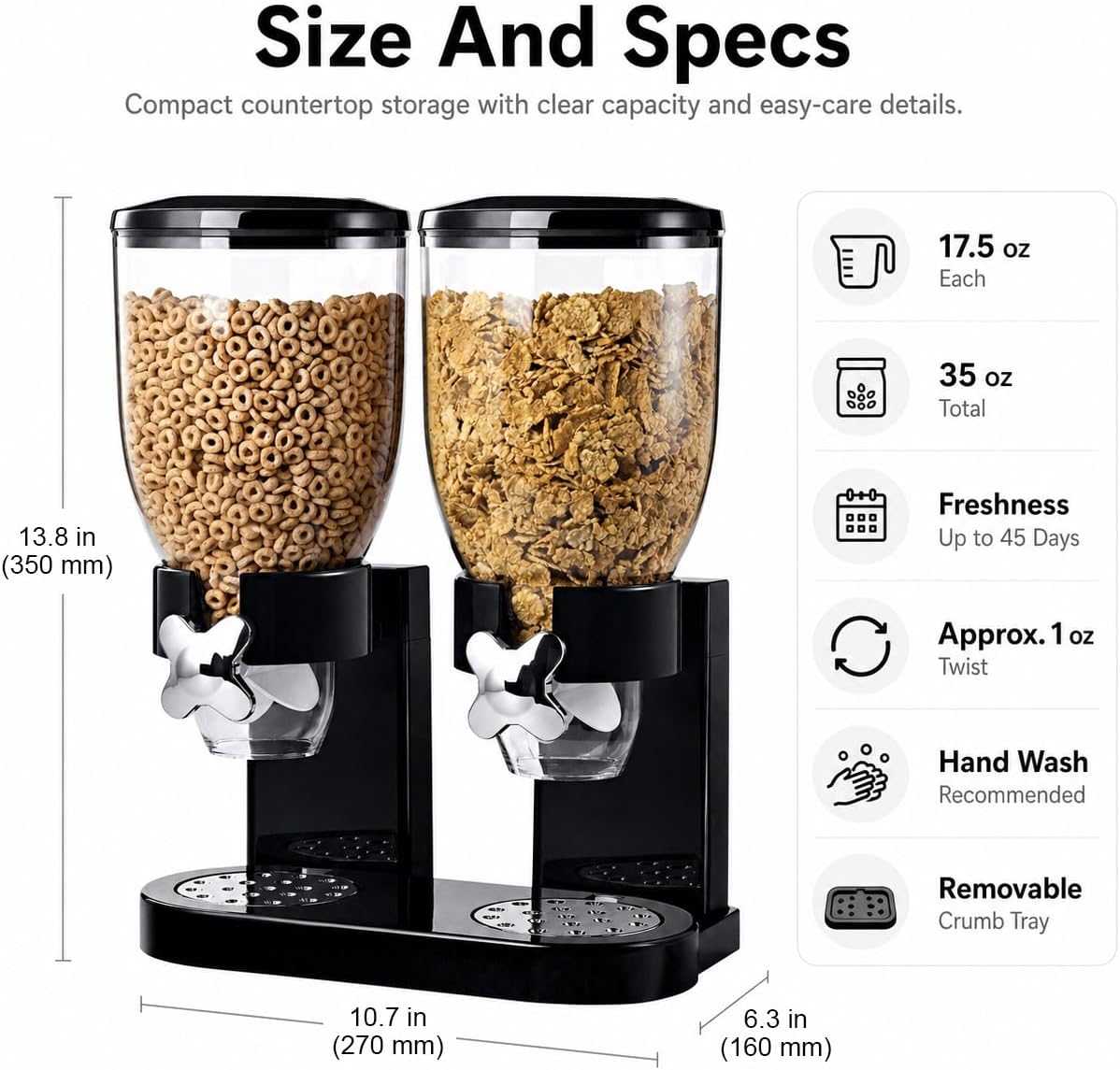 Double Dry Food Dispenser, 17.5Oz Capacity Each, Dry Cereal Grain Dispenser, Keeps Ingredients Fresh