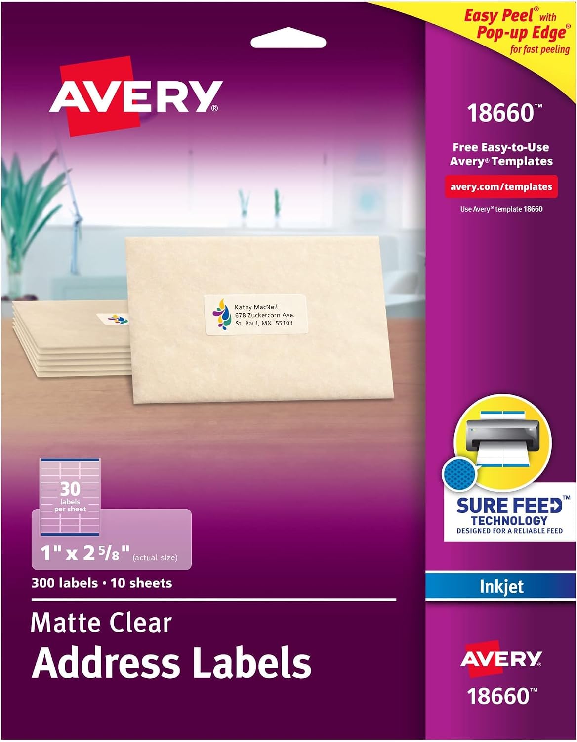 Printable Address Labels with Sure Feed, 1" x 2-5/8", Matte Clear, 300 Blank Mailing Labels (18660)