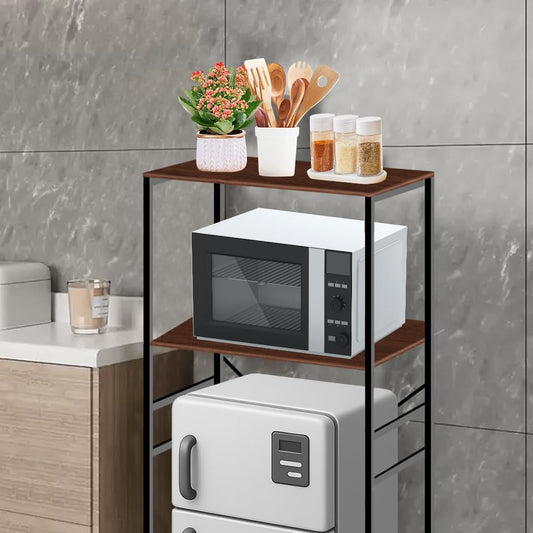 Adjustable Microwave Stand for Mini Fridge - Over Refrigerator Shelf Organizer with Storage Rack, Height Adjustable Space Saver for Dorm, Kitchen, Office Use, Brown