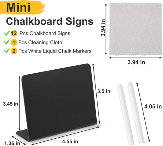 12 Pcs Mini Chalkboard Signs, 4"x3", Reusable PVC Food Labels | Reserved Table Signs for Party Buffet, Birthdays, Bakery, Weddings, Table Numbers, Buffet Display, Place Cards, Name Tag