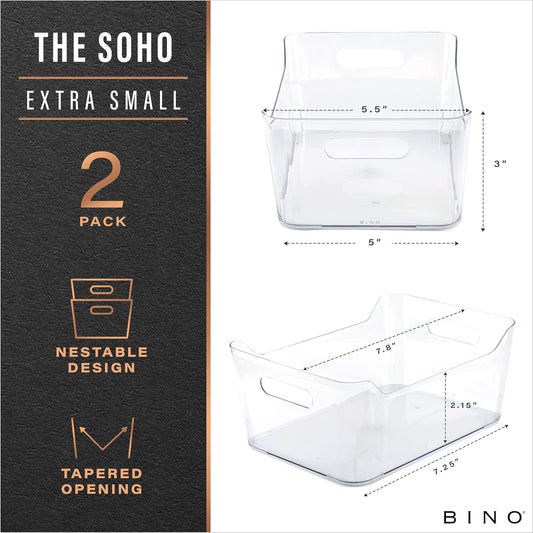 Plastic Storage Bins, Large - 2 Pack, Clear | THE SOHO COLLECTION | Pantry Organizers and Storage Containers | Fridge Organizer Bins | Kitchen Cabinet Organizer | Medicine Cabinet Bin