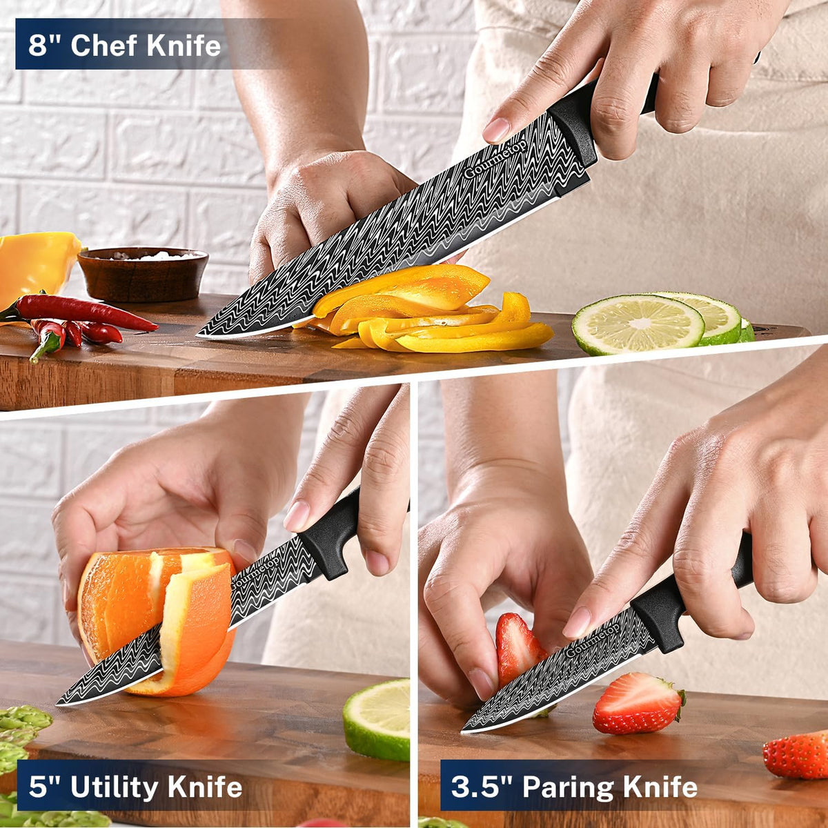Kitchen Knife Set with Magnetic Strip, Black Cooking Knives