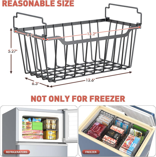 Freezer Organizer Bins for 5-7 Cu.FT Chest Freezer, 4 Pack Black | Foldable Handle Stackable Freezer Baskets, Coated Metal Freezer Storage Bins with Better Space Utilization, Deep Organization