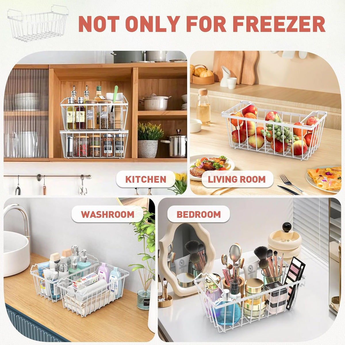 Freezer Organizer Bins for 5-7 Cu.FT Chest Freezer, 4 Pack Black | Foldable Handle Stackable Freezer Baskets, Coated Metal Freezer Storage Bins with Better Space Utilization, Deep Organization