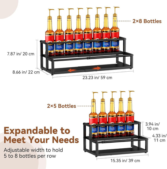 Expandable Coffee Syrup Organizer, 2-Tier Syrup Rack, Black | Holds 10-16 Bottles, Adjustable Width Carbon Steel Coffee Bar Organizer for Countertop Kitchen Bar