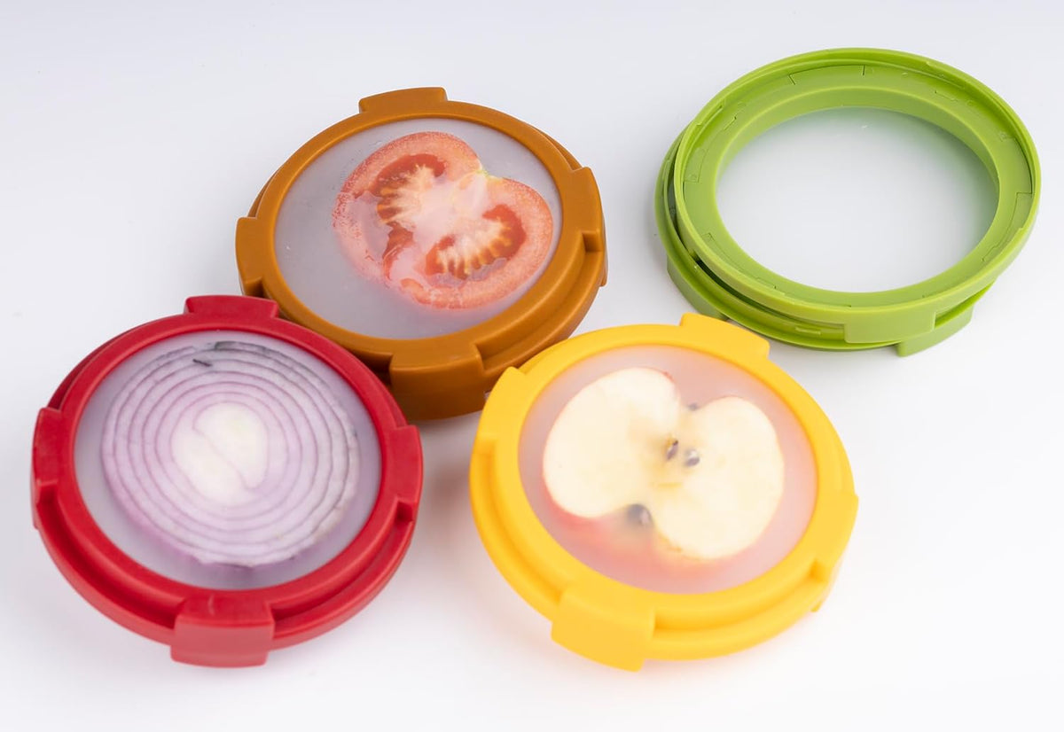 4Pcs Onion Storage Avocado Saver Holder, Lemons Garlic Tomato Peper Fruit Vegetable Container for Fridge (4PCS: Red+Yellow+Brown+Green)