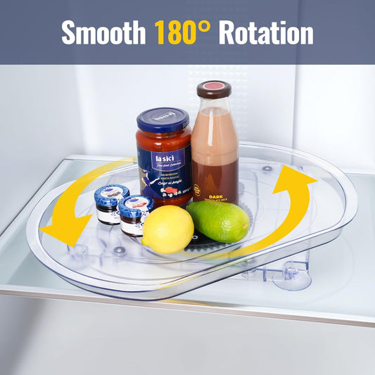 Refrigerator Lazy Susan Turntable Organizer 16.5"x11"x1.85", 180° Smooth Rotation Clear Plastic Shelf Tray with Suction Cups, Space-Saving Fridge Storage Rack for Cabinets, Pantry, Countertop