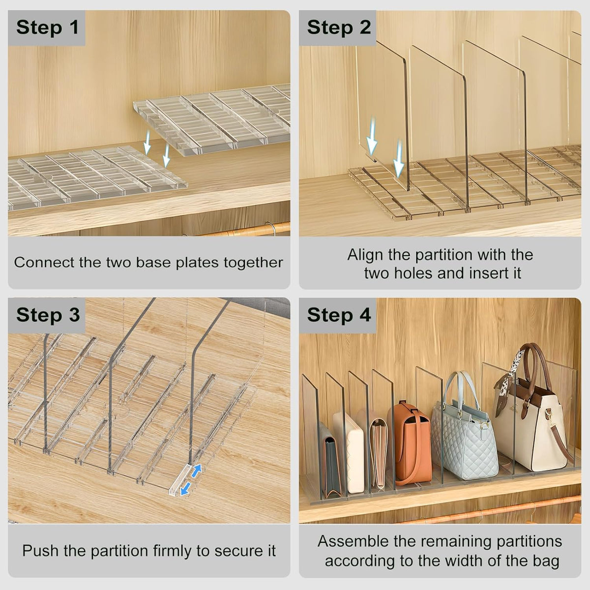 Bag & Purse Organizer for Closet: Adjustable Clear Handbag Storage Shelf - Plastic Clutch Dividers for Closet Organizers and Storage - Keep Carteras & Pocketbook Upright