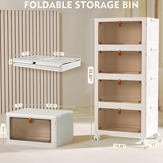 4 Tier Plastic Storage Bins with Lid 23QT, Stackable Storage Bins | Plastic Storage Bins with Wheels, Folding Storage Boxes, Organizers and Storage for Living Room,Office,Dorm