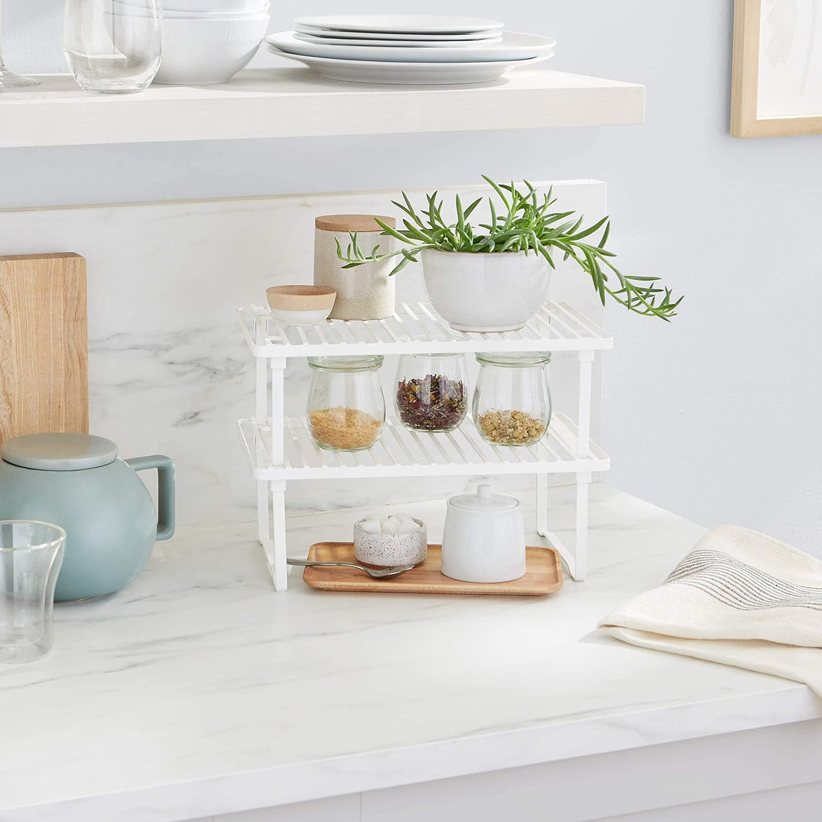 Space-Saving Stackable Metal Kitchen Cabinet Organizer Shelves for Dishes, Pantry Organization, 12.5" L x 8" D x 4.5" H, Set of 2, White