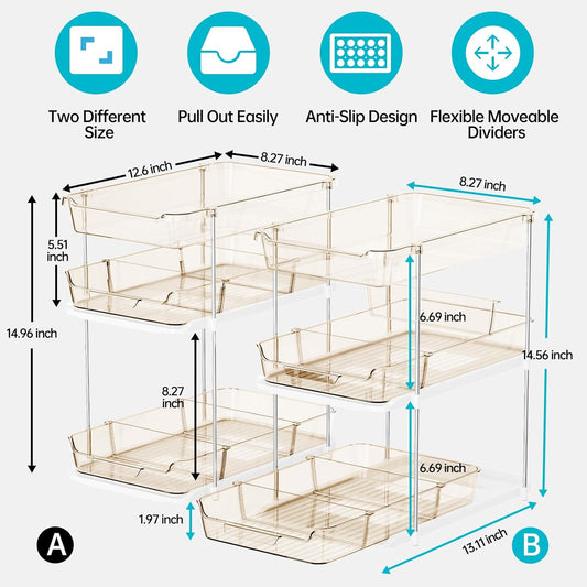2 Sets of 3-Tier Bathroom Under Sink Organizers and Storage, Multi-Purpose Stackable Pantry Organization and Storage, Pull Out Clear Kitchen Bathroom Cabinet Organizer with Movable Dividers | Storage
