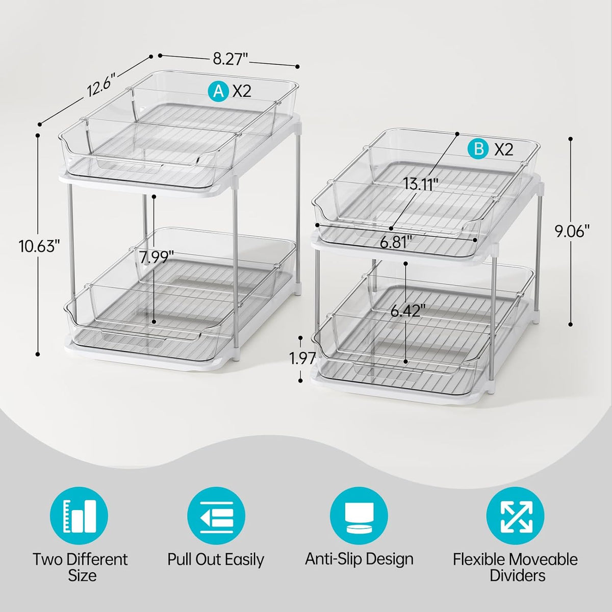 2 Sets of 3-Tier Bathroom Under Sink Organizers and Storage, Multi-Purpose Stackable Pantry Organization and Storage, Pull Out Clear Kitchen Bathroom Cabinet Organizer with Movable Dividers | Storage
