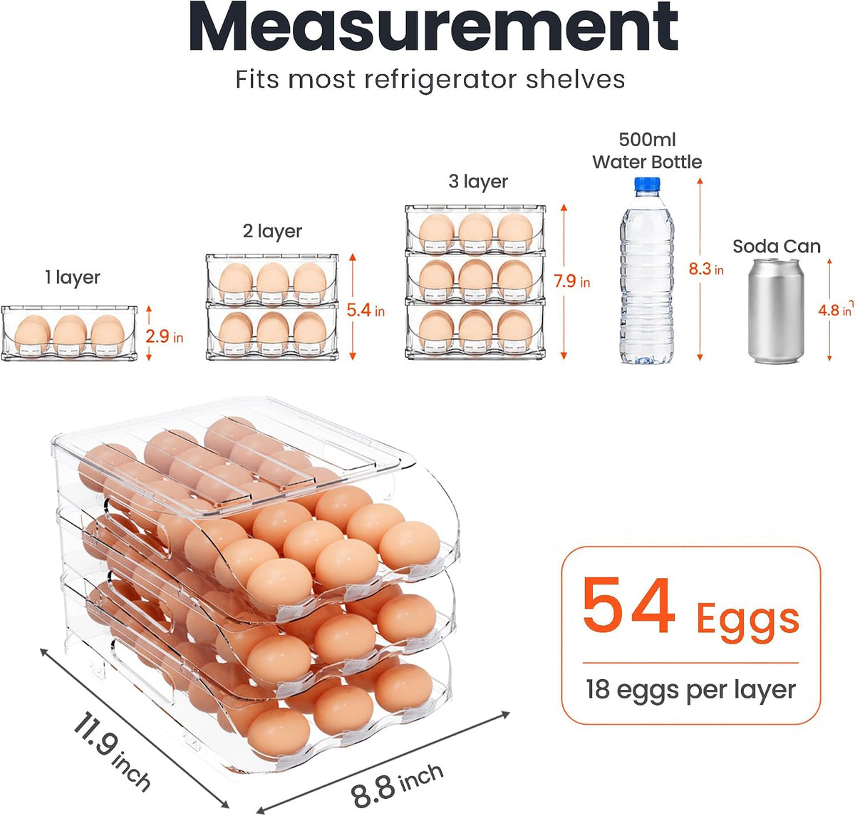 36-Egg Dispenser with Silicone Bumpers, Auto-Rolling, Stackable | BPA-free food-grade PET | Stackable with lid | Built-in handle | 11.92"L x 8.85"W x 5.4"H | Hand wash only