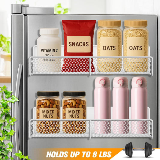 2 Pack Magnetic Spice Rack for Refrigerator with 4 Hooks, White