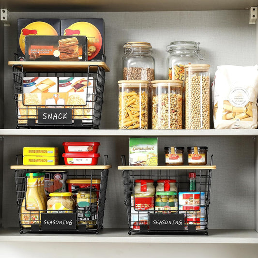 2 Set XXL Stackable Wire Basket with Bamboo Tops & Tag- Pantry Organizer and Storage Bins, Kitchen Counter Cabinet Shelf Countertop Under Sink Organizing, Food Snack Produce Onion Potato Bread Storage