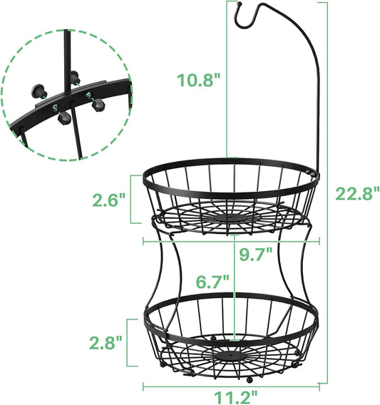 2-Tier Large Fruit Basket Bowl for Kitchen Counter with Banana Hanger | Stackable Vegetable Storage, Large Metal Wire Basket Stand for Veggies, Onions, Potatoes and Snack