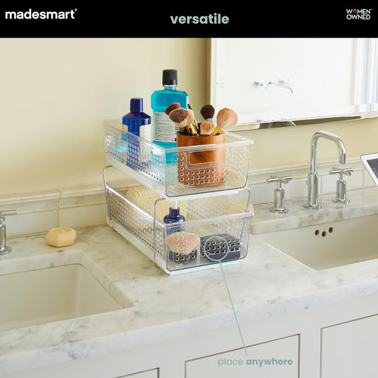 2 Tier Organizer, Under Cabinet Storage with Pull Out Sliding Drawers, for Cleaning Supplies, Undersink Storage, Sponges, Bottles & Bath, Adjustable Dividers & Pull Out Baskets, Clear
