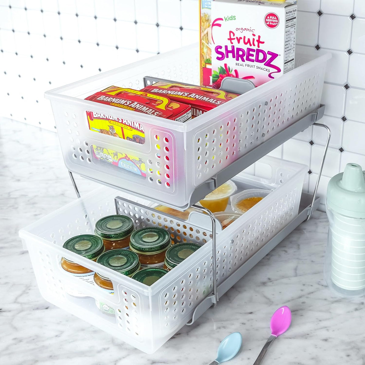 2 Tier Organizer, Under Cabinet Storage with Pull Out Sliding Drawers, for Cleaning Supplies, Undersink Storage, Sponges, Bottles & Bath, Adjustable Dividers & Pull Out Baskets, Clear