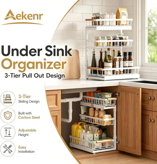 Under Sink Organizer and Storage for Bathroom and Kitchen - 3 Tier Under Cabinet Pull Out Shelf Organizers - Slide Out Drawer Organization for Home Cabinets Shelves and Drawers