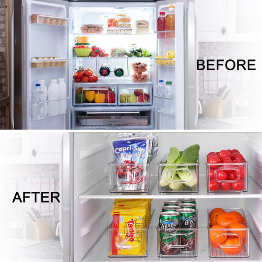 Stackable Plastic Food Storage Bin with Handles for Kitchen Pantry, Cabinet, Refrigerator, Freezer - Organizer for Fruit, Yogurt, Squeeze Pouches - BPA Free, 10" Long - – Clear