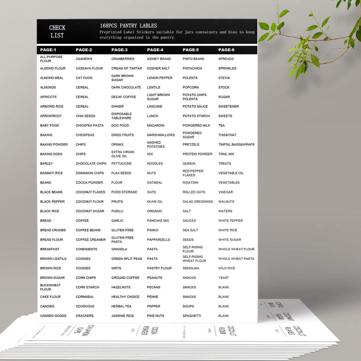 168 Pantry Labels for Food Containers, Minimalist Black Matte Stickers White Fine Line Text,Preprinted Waterproof Label for Glass Jars, Bottles & Canisters,Pantry Organization Storage