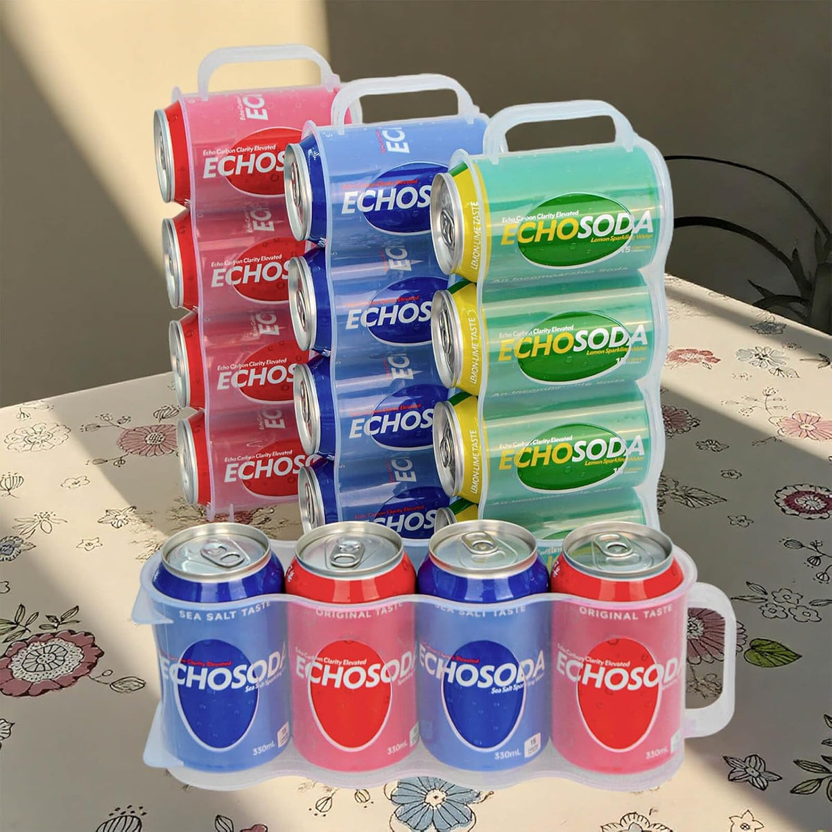 Portable Soda Can Organizer for Refrigerator, Clear, 2 Pack | Soda can holder for cooler, with handle, stackable, eco-friendly plastic, keep soda cans and beer bottles from rolling