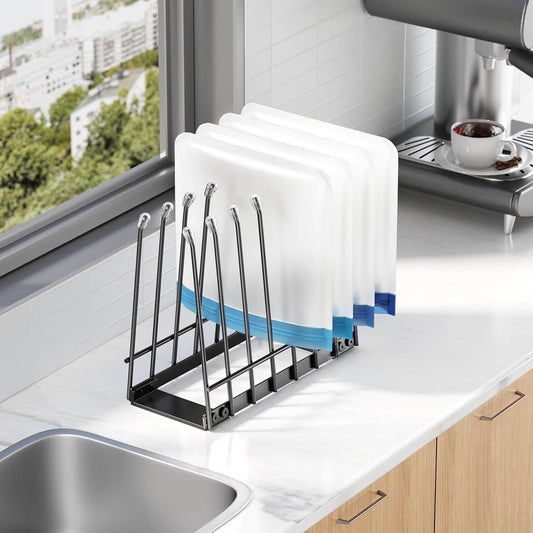 Reusable Bag Drying Rack, Foldable Metal Stand for Reusable Ziplock & Silicone Storage Bags, Rustproof Kitchen Dryer, Silver