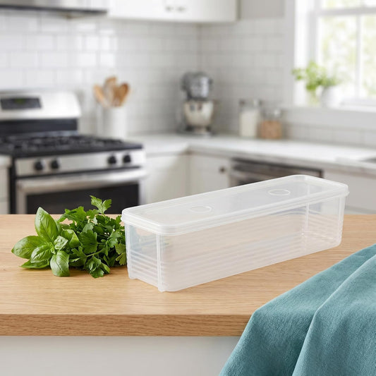 Long Plastic Food Storage Container with Lid for Scallions, Cilantro, Green Onions - Stackable, Airtight Clear Rectangular Food Container for Kitchen Fridge, 12x3.14x3 Inch