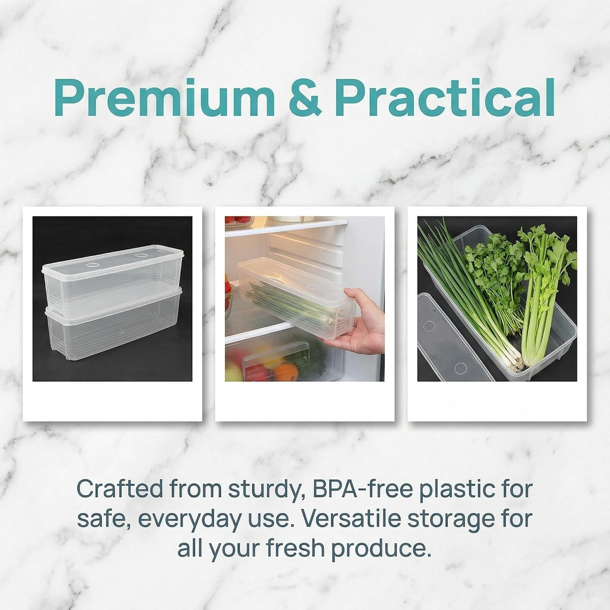 Long Plastic Food Storage Container with Lid for Scallions, Cilantro, Green Onions - Stackable, Airtight Clear Rectangular Food Container for Kitchen Fridge, 12x3.14x3 Inch