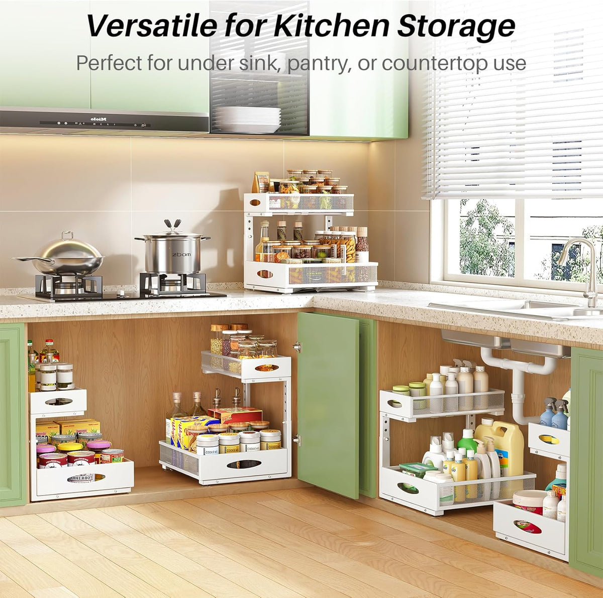 Under Sink Organizer, Pull Out Cabinet Organizer 2 Tier Metal Slide Out Storage Shelf Rack, L-Shaped Adjustable Height,Mesh Sliding Drawer for Kitchen, Bathroom, Laundry, Pantry, White, XL