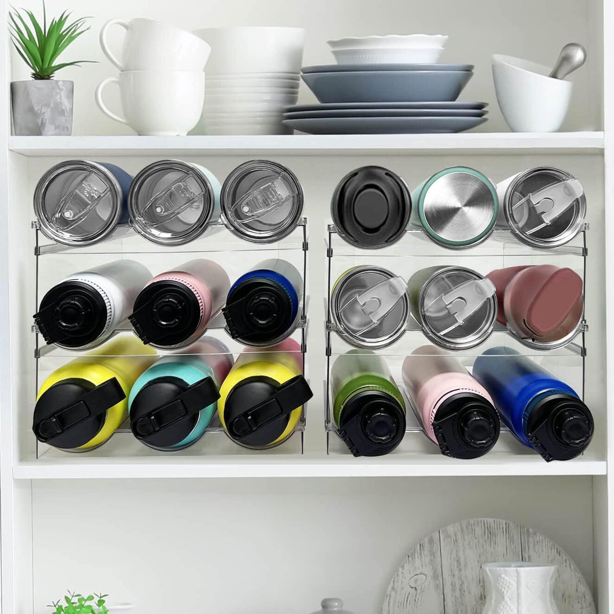 2 Pack Water Bottle Organizer, Stackable Kitchen Pantry Storage Shelf, Plastic Water Bottle Holder for Cabinet and Fridge Organization