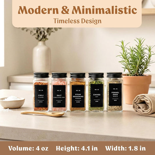 Glass Spice Jars with Labels (24 x 4oz) Spice Containers with 240 Labels, Shaker Inserts, Funnel, Empty Square Empty Square Seasoning Organizer (Black Lids)