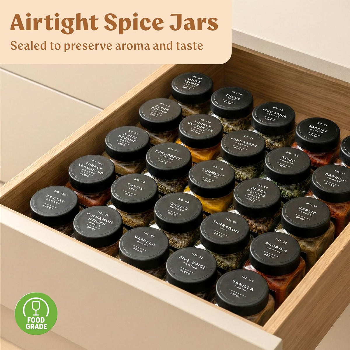 Glass Spice Jars with Labels (24 x 4oz) Spice Containers with 240 Labels, Shaker Inserts, Funnel, Empty Square Empty Square Seasoning Organizer (Black Lids)