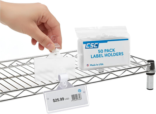 50 Pack Label Holders, Wire Shelf Label Holders, Clear Plastic Snap-On Label Holder for Wire Shelving, Adhesive Label Holder, Reusable Shelf Tags for Pantry Retail Store, Supermarket, 3" W x 1.25" H