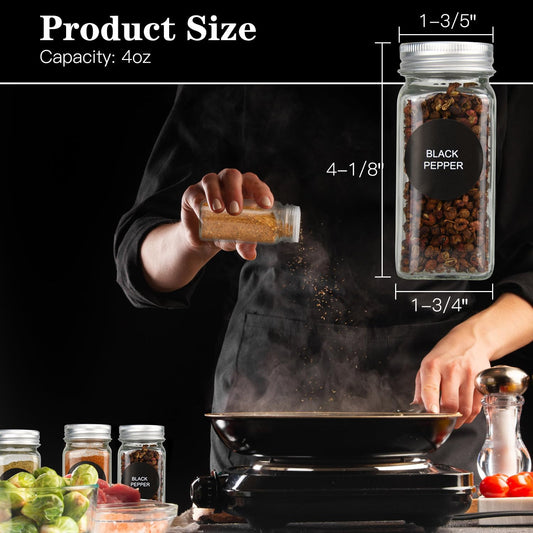12/24/36 Pack Glass Spice Jars, 4oz Empty Spice Jars | with Metal Caps, Labels, Shaker Lids, Collapsible Funnel, Chalk Pen, Seasoning Organizer for Spice Rack