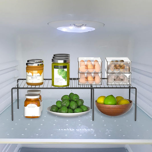 4-Piece Expandable Metal Rustproof Storage Shelf Rack, Kitchen Counter and Cabinet Organizer, Space Saver for Fridge, Bathroom, White, Set of 2