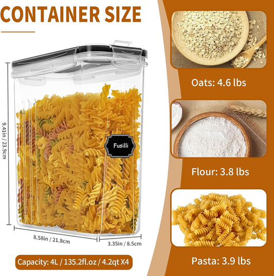 Cereal Containers Storage Set (4L / 135.2oz), 8PCS Airtight Food Storage Containers with Lids, Cereal Dispensers for Kitchen Pantry Organization and Storage with Pour Spout, 20 Labels, Marker
