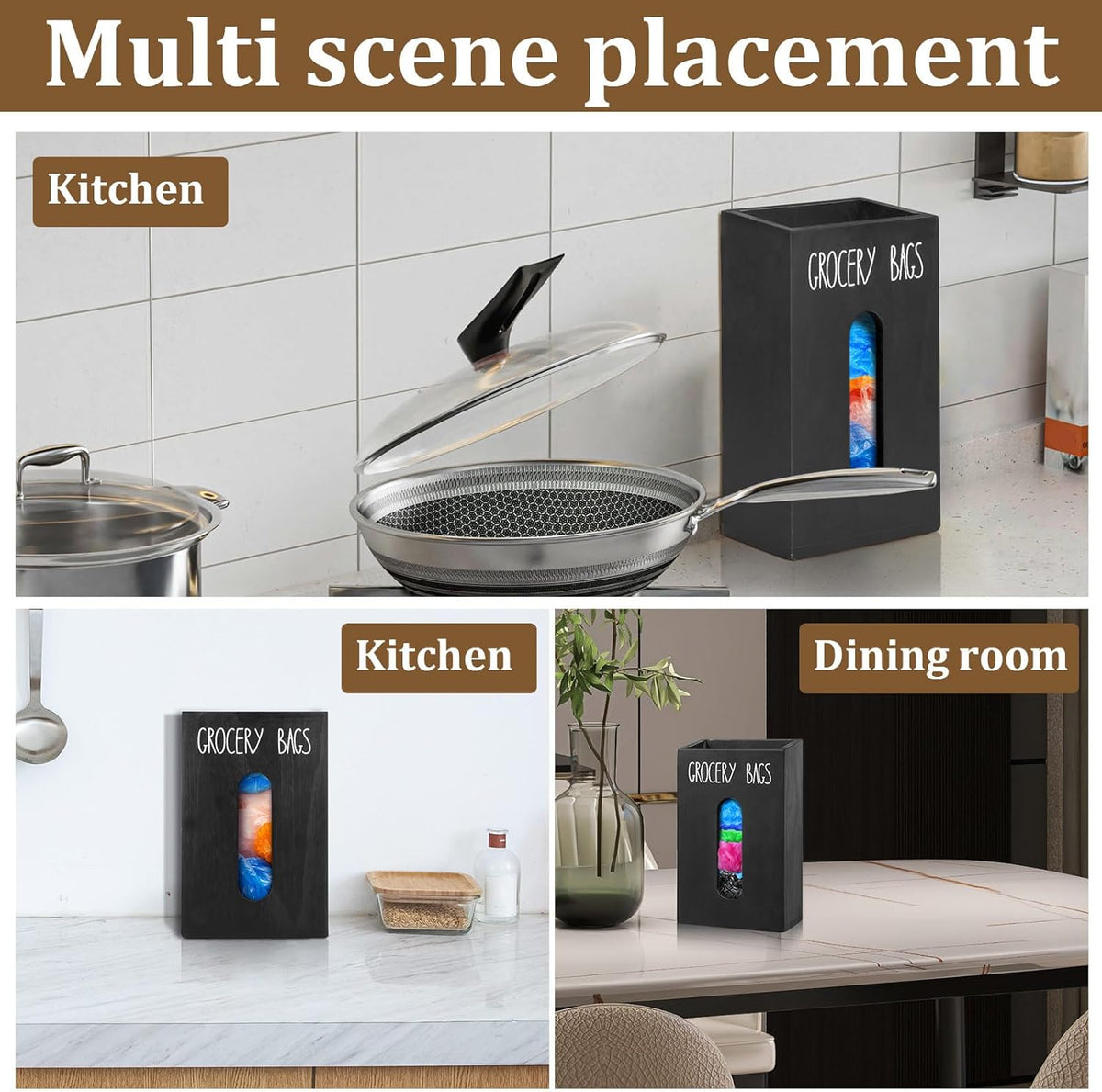 Grocery Bag Holder for Plastic Bags - Wooden Trash Bag Dispenser, Space Saving Countertop Dispenser for Kitchen & Home (Black)