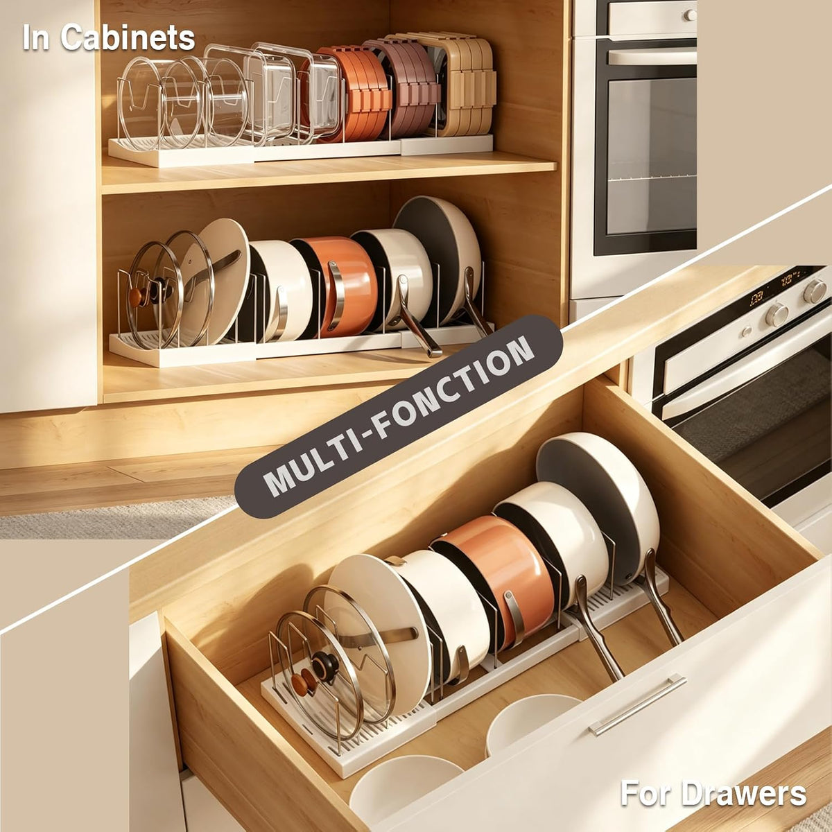 Pull Out Pots and Pans Organizer Under Cabinet, 22" Deep Expandable Pot Lid Organizer and Storage with 10 Adjustable Dividers Adhesive Pot and Pan Holder Rack with Handle Bracket(1 Pack,Black)