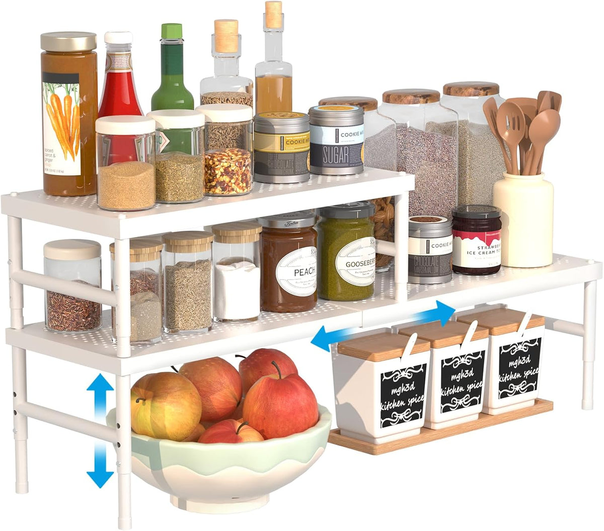 HI NINGER Expandable adjustable stackable kitchen organizer,Spice Racks,Counter Shelf for Cabinets,Small Cupboard Organizers,Heavy Duty Metal Pantry Storage Shelves Racks for kitchen,cabinet